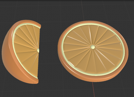 <b>Orange bright orange slice</b><br>In this Cinema 4D model, I show a bright orange slice. The surface is shiny and smooth, and the lines give it a realistic look. I enjoy working on the texture and colors to make the slice appear fresh and tasty.
