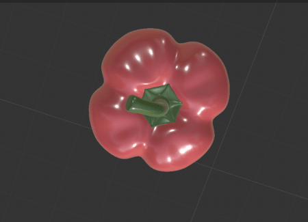 <b>C4D bell pepper model top view</b><br>In this Cinema 4D model, I show a smooth red bell pepper from a top view, highlighting its shiny surface and bright color. The lighting creates soft reflections that enhance the pepper's 3D look and add depth to the overall image.