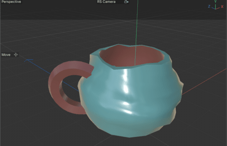<b>Textured mug</b><br>I used the Displacer function to add Noise texture to the mug, matching the bumpy texture of the mug’s surface as shown in the reference image.