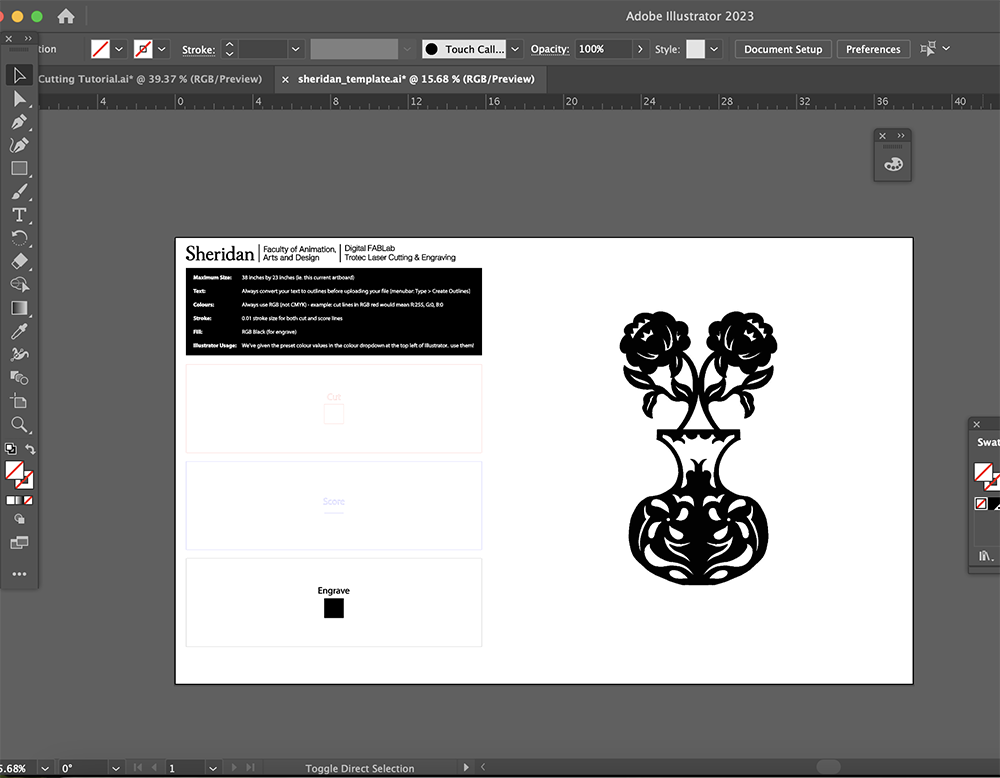 <b>Placing Final Design in a New Template</b><br>
          In this image, I've placed one of my final designs from tutorial 3 into a new template. This one includes floral shapes in a mirrored arrangement, aiming for a balanced look on the stand.