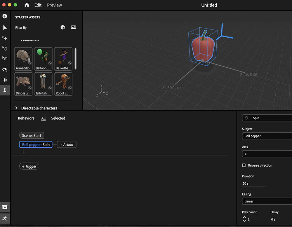 <b>Adding a Spin Trigger to the Model</b><br>
          In this screenshot, I’m setting up a basic spin trigger for the bell pepper model in Adobe Aero. I adjusted the settings so that the model will start spinning when the scene begins. This simple action makes the model more dynamic and interactive.
