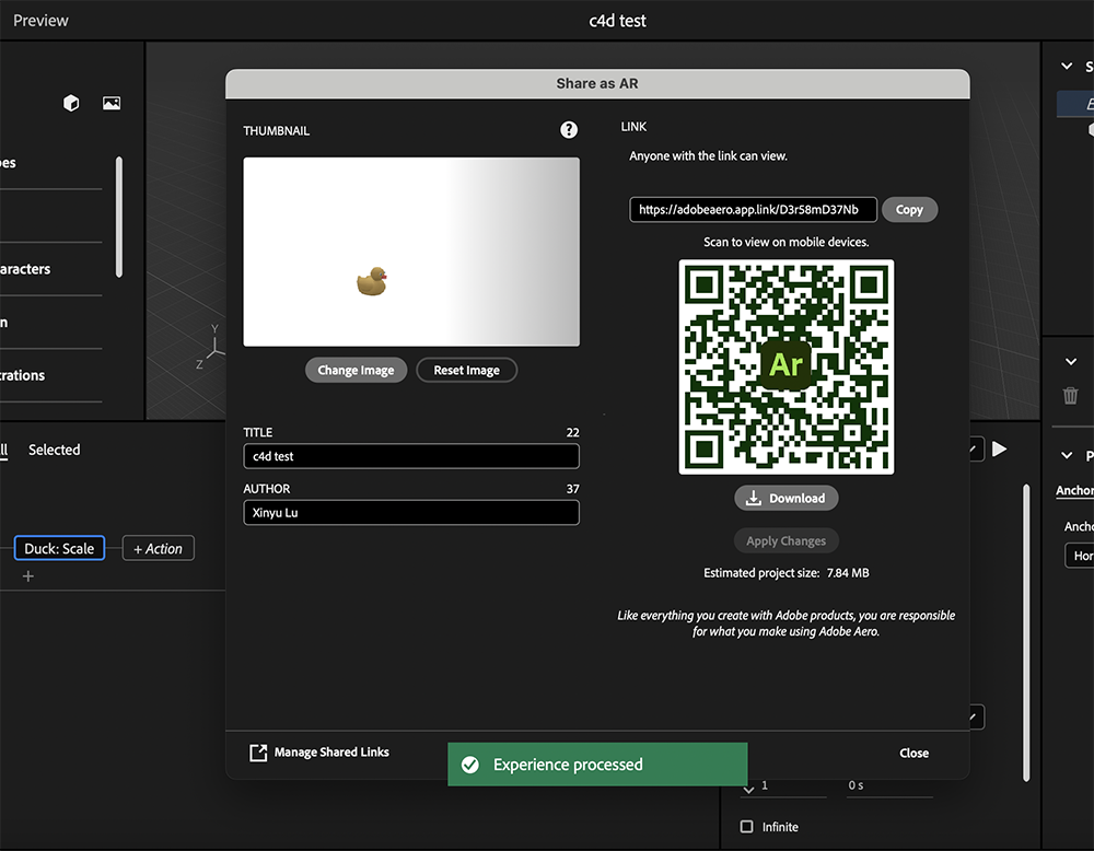 <b>Generating QR Code Link for Model</b><br>
          This screenshot shows my completed Aero project with a QR code link generated for easy sharing. Scanning the code allows others to view the model and its interactions directly on their devices.