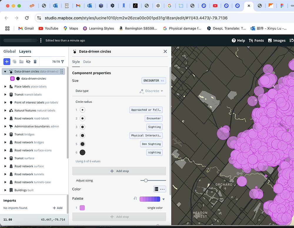 <b>Single-Color Highlight for Encounter Density</b></br>
          In this map view, I switched to a single-color palette, using bright pink circles to signify high encounter density. This approach creates a focused visual impact, highlighting the concentration of encounters within the specified area, which is effective for analyzing hotspot regions.