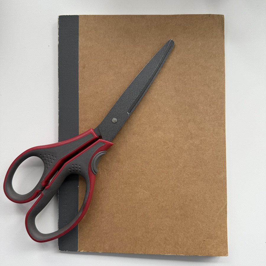 Scissors lying on a piece of cardboard, suggesting the sharp slicing sound of cutting through paper.