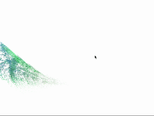 This GIF features a white spray of particles shooting across a green background. The particles move faster and spread wider with the intensity of the pouring water sound. This visual mimics the splashing and scattering of water as it is poured quickly.