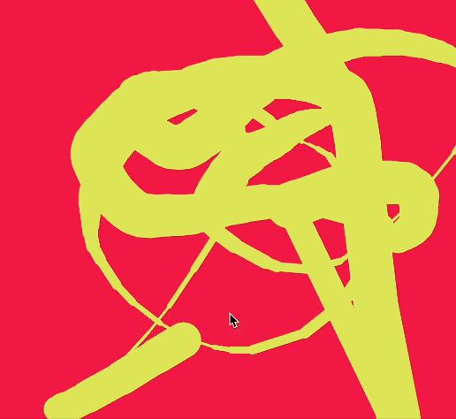 This GIF displays random yellow lines and shapes on a red background. The shapes and lines change randomly, seemingly reacting to the rhythm of the Apple Pencil writing sound. Each touch of the pencil on the iPad screen alters the visual elements in an abstract manner.