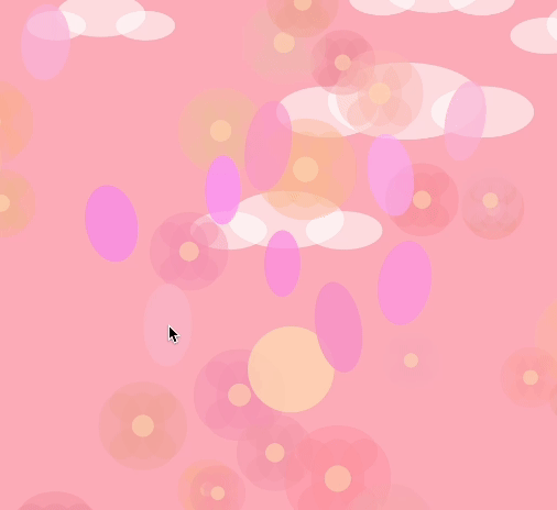 This GIF features soft, floating circles in shades of pink and orange on a light pink background. The bubbles in the GIF rise and change size as if responding to the sound of the egg frying. Each sound of sizzle adds a bubble or makes one grow, simulating how bubbles form and change in a real frying pan.