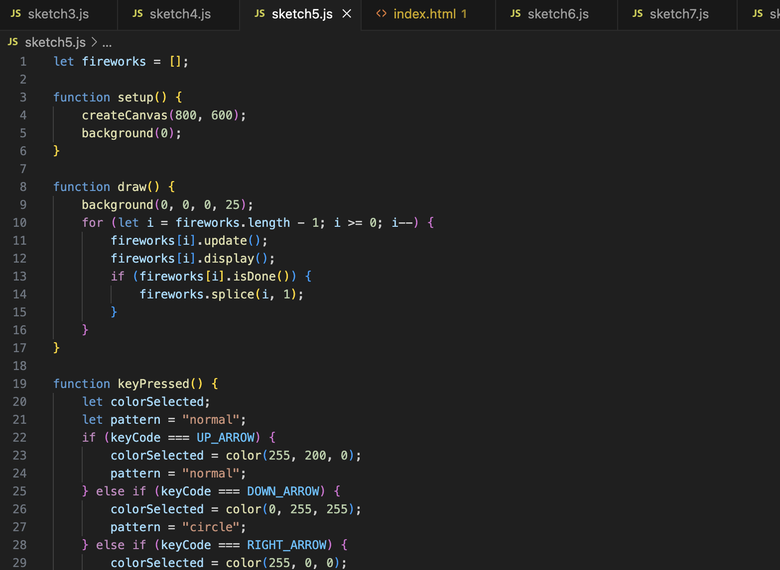 This screenshot shows the JavaScript code I developed for creating an interactive fireworks display using p5.js. In this code, fireworks are updated and displayed in a loop, and they disappear when they are done.