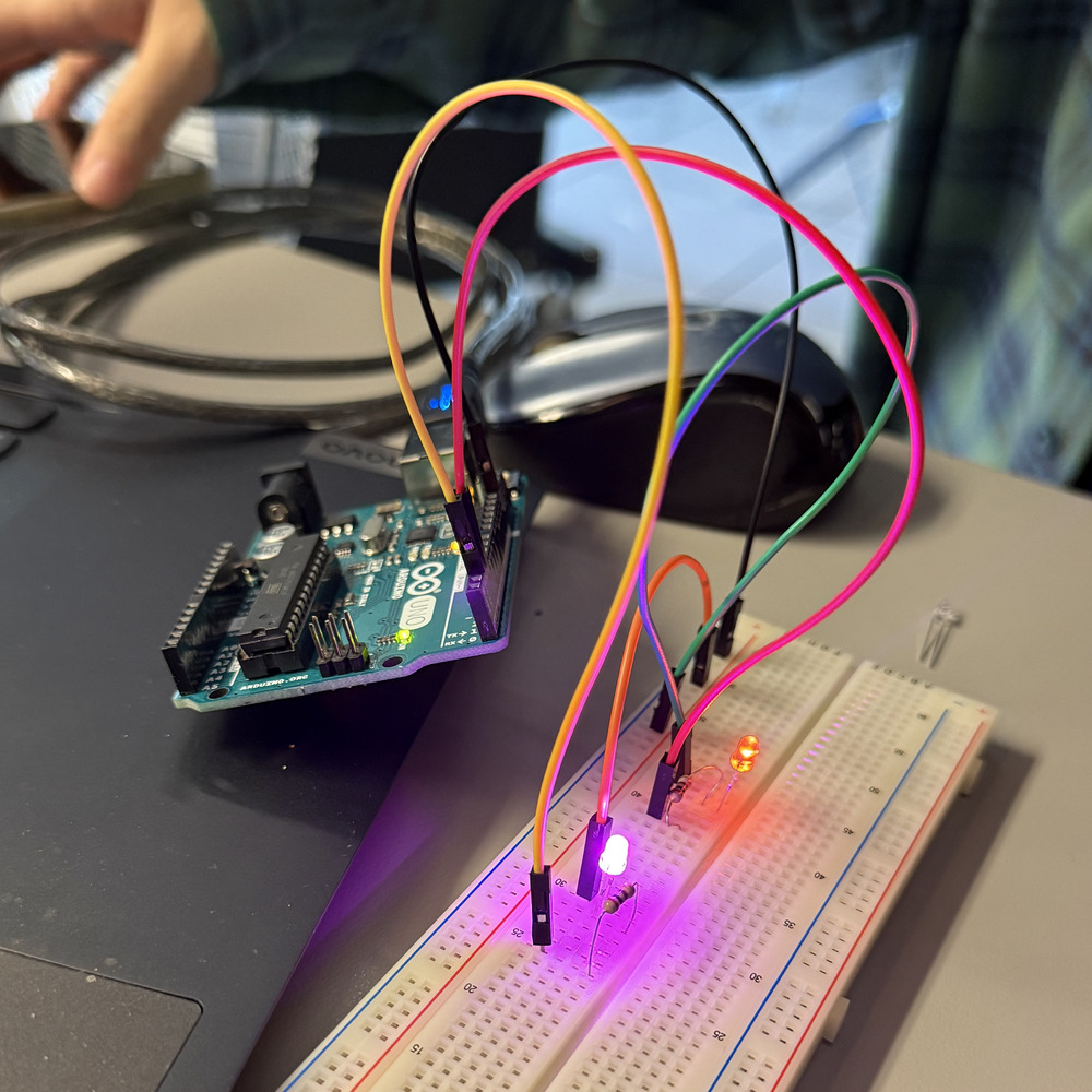 <b>Multi-LED setup with Arduino</b><br>I built a more complex setup with multiple LEDs and jumper wires connected to the Arduino. Both the red and purple LEDs turn on, controlled by the code I uploaded. It looks colorful and shows I can control several components at once.