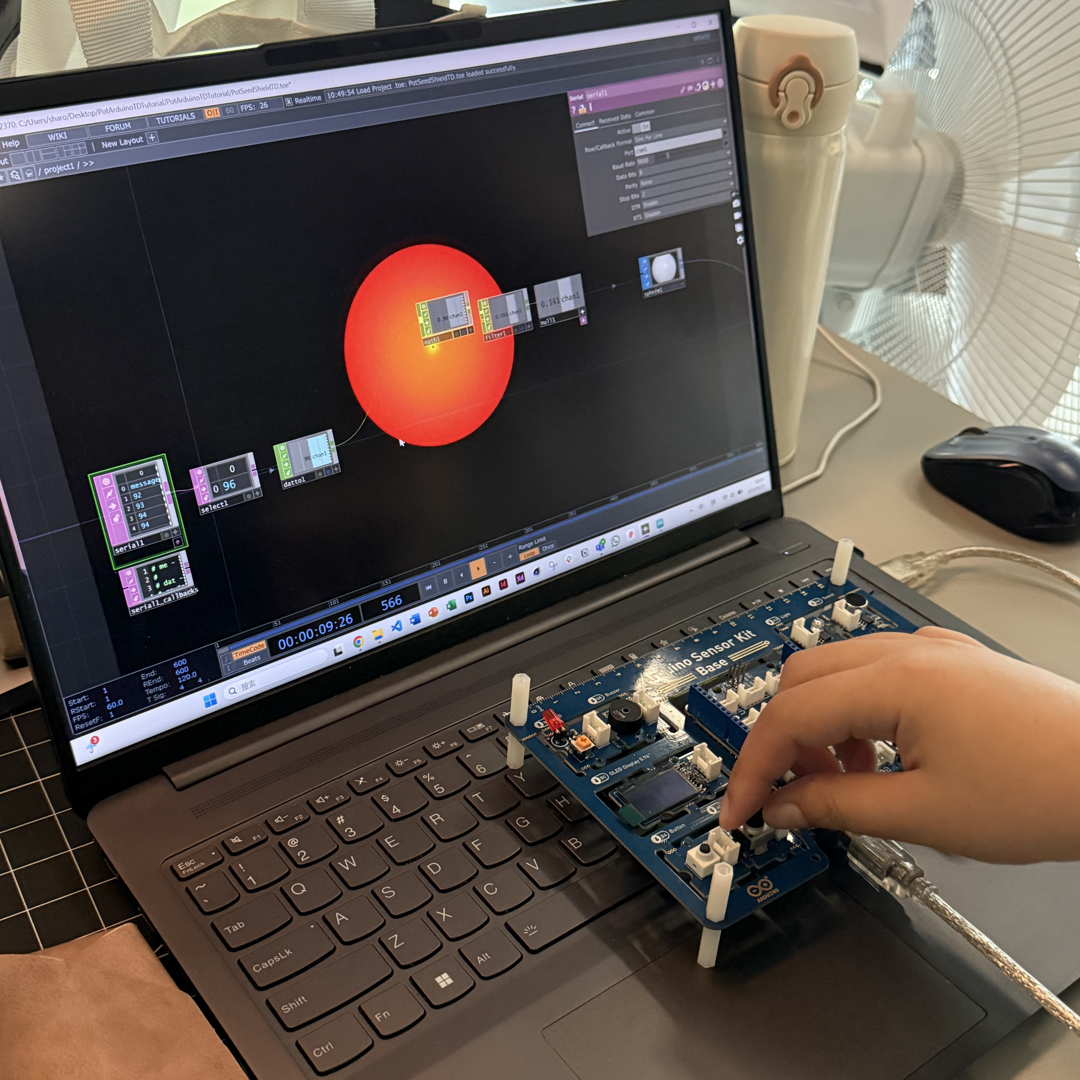 <b>Connecting Arduino to TouchDesigner</b><br>I connected my Arduino Sensor Kit to the laptop and opened TouchDesigner. I used it to send sensor data to control the visual elements on the screen. The red circle changes based on the values I receive from the board.<br><br>https://www.youtube.com/shorts/rB5bPn4QFqo