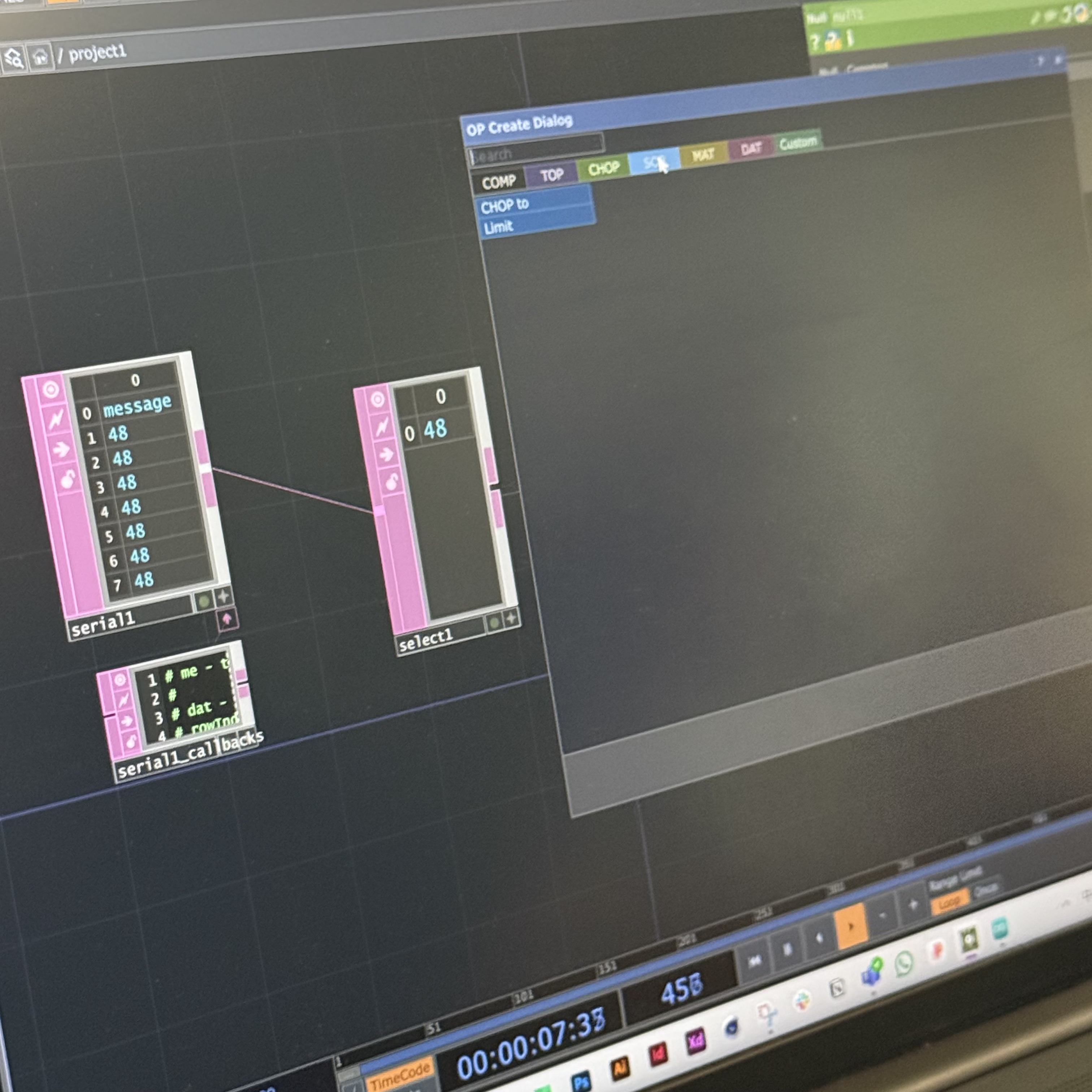<b>Creating the Data Path</b><br>I connected the serial input to Select and Datto nodes to organize the data. This setup allowed me to control the visual changes with the sensor readings. I learned how to use CHOP and DAT operators together.