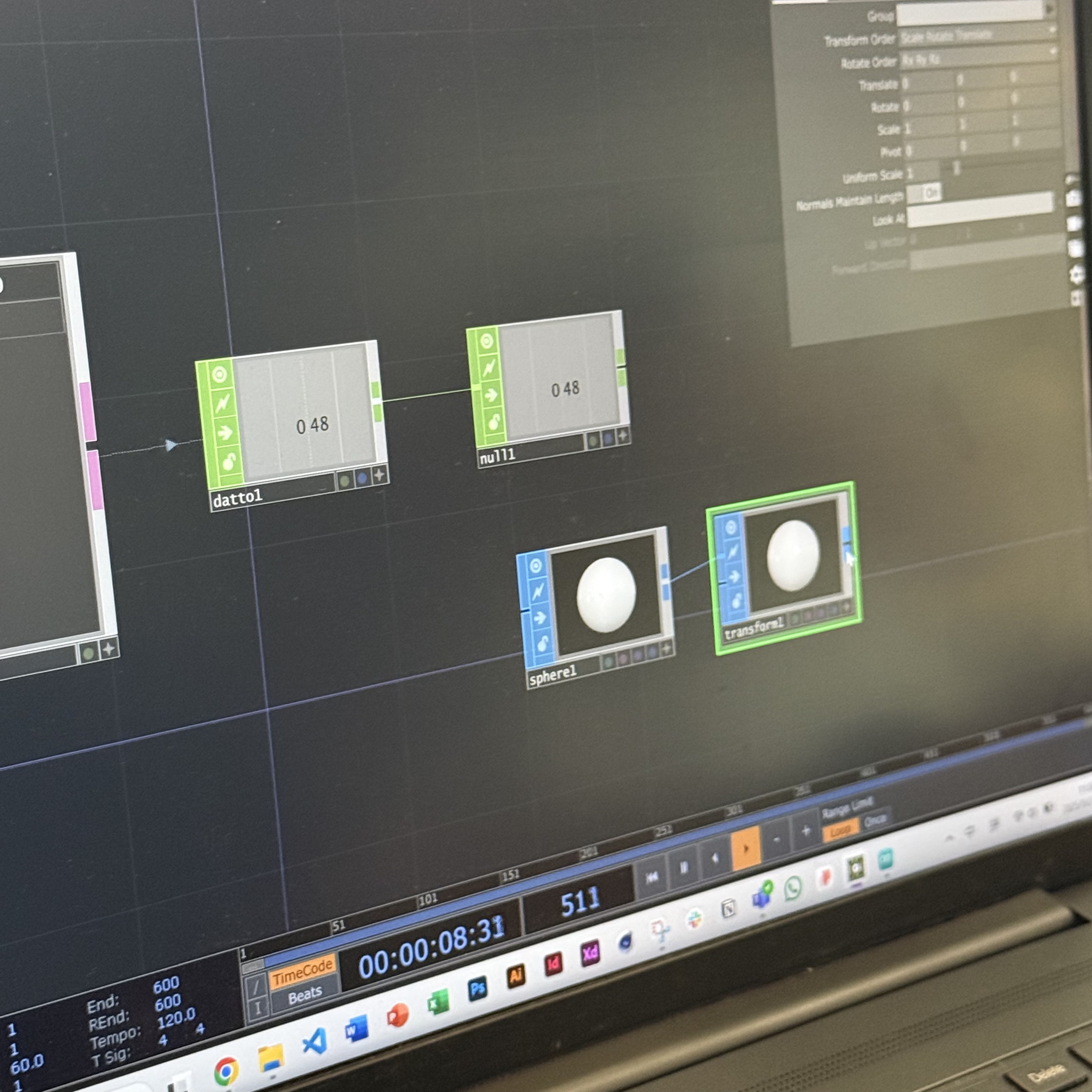 <b>Building the Final Visual Output</b><br>I used the Sphere and Transform nodes to make a simple 3D object that reacts to the data. When the sensor value changes, the sphere moves or changes its scale. This completed my test for connecting physical input with digital visuals.