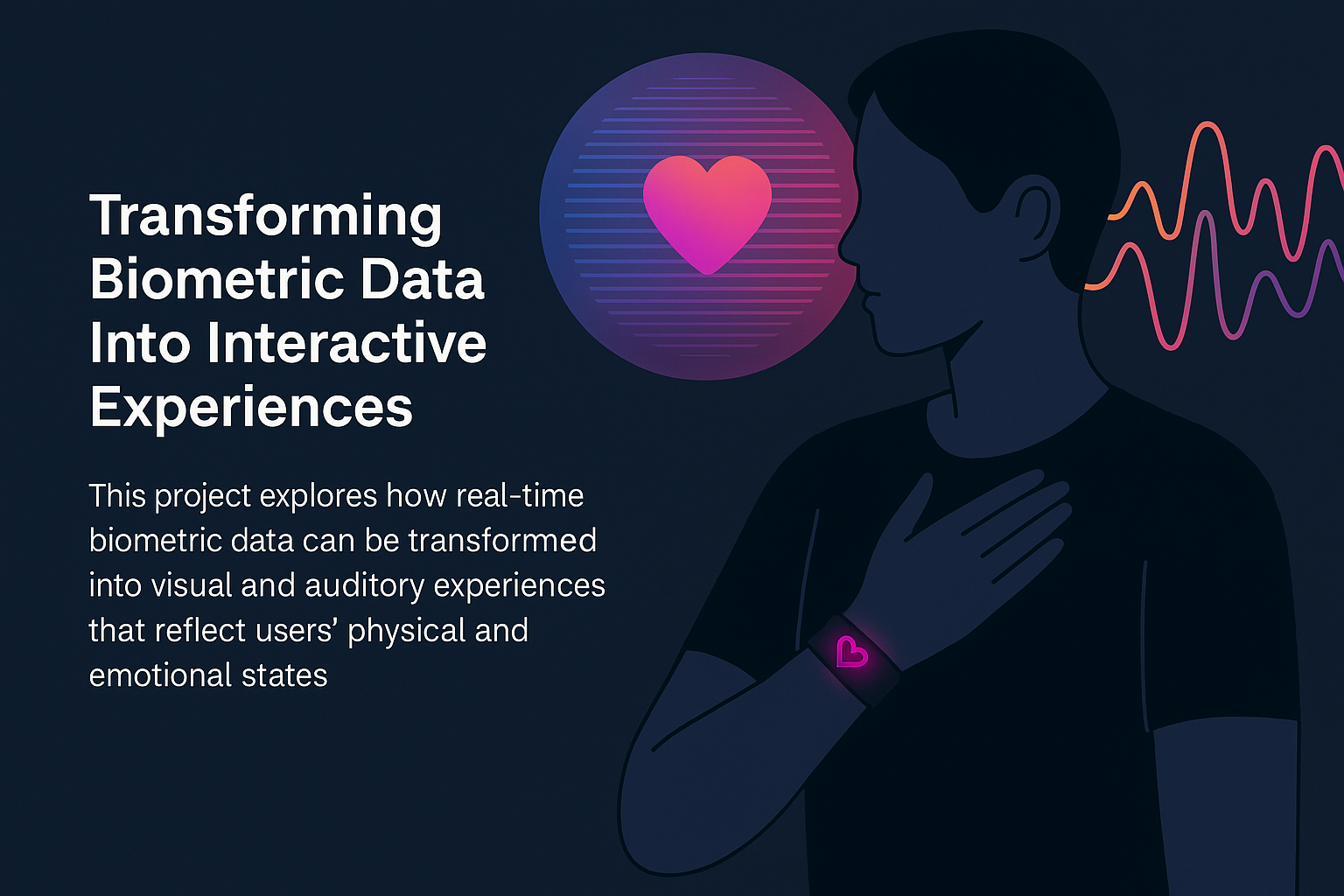 This project explores how real-time biometric data can be transformed into visual and auditory experiences that reflect users’ physical and emotional states while doing exercise. We are planning to design a wristband that detects heart rate, the system creates a sensory bridge between the body’s inner state and external media feedback.
When the user engages in calm activities such as yoga or stretching, the visuals may become soft and fluid, accompanied by slow, ambient music. During intense activities like running or boxing, the visuals shift to dynamic, high-contrast patterns and fast rhythms. If the heart rate rises to an abnormal level, the system triggers a gentle warning, this help users maintain awareness of their health and limits.
Beyond exercise, this project also investigates how heart rate changes can express emotional moments in daily life and how music or visuals can act as an emotional mirror to the user’s inner world.