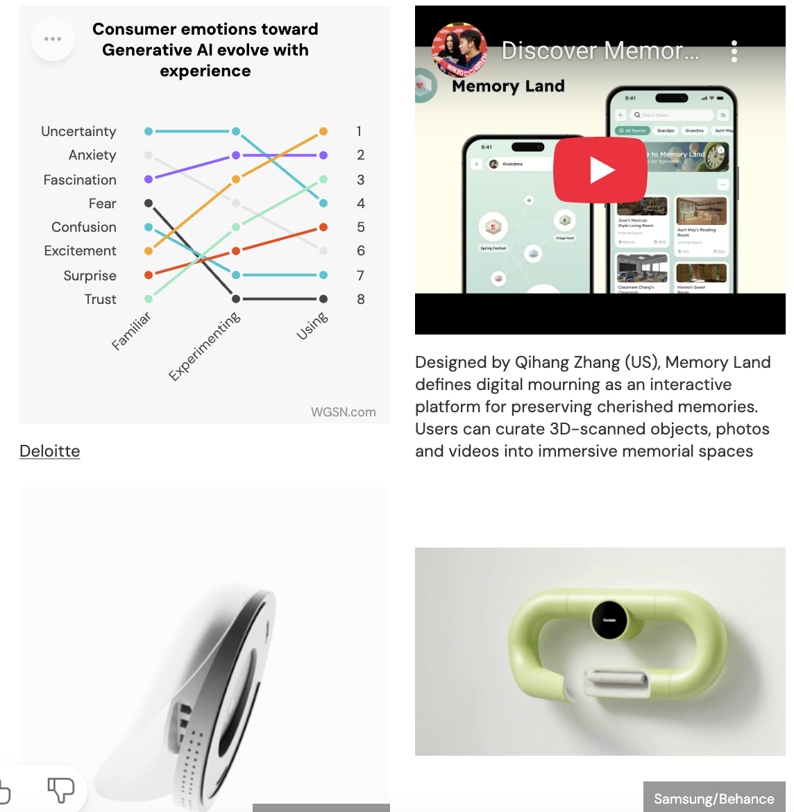 The chart and app design focus on emotional technology. They show how people’s feelings toward AI change over time, from uncertainty to trust. The Memory Land app explores how digital design can support emotional needs and memories in meaningful ways.