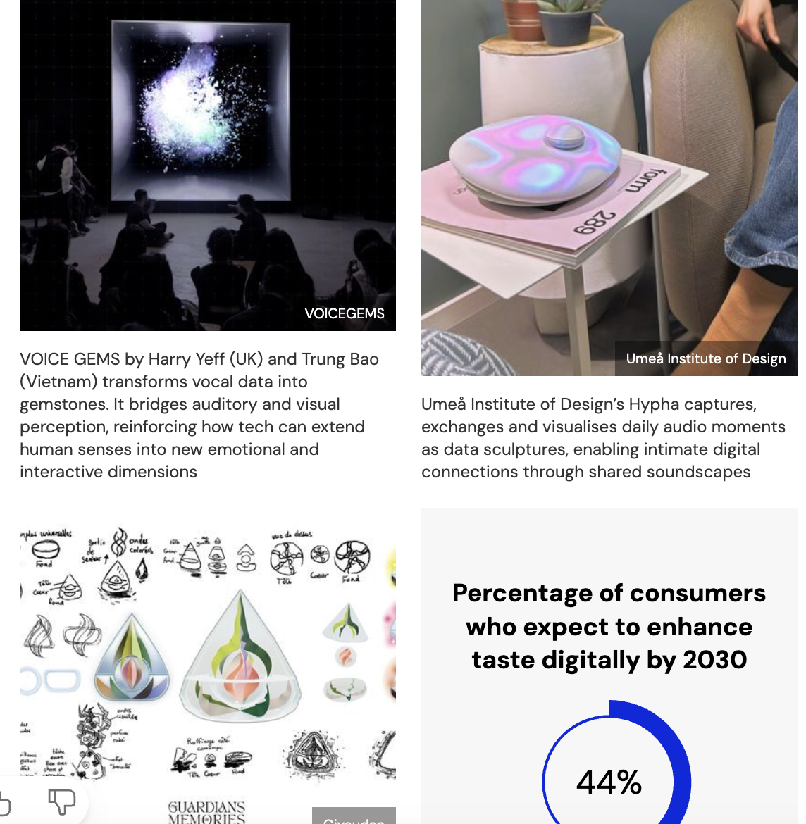 This part shows how design research explores digital senses and emotional expression. The sketches and data visualization study how users may interact with technology that enhances sensory experiences, like taste and feeling.