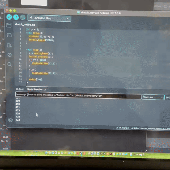 <b>Checking Sensor Data Stability</b><br>We ran the same code again to observe if the sensor values were stable. The Serial Monitor showed constant changes when the light around the sensor shifted. This allowed us to understand the behavior of the sensor before connecting it to visuals.