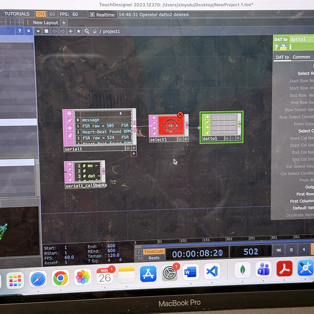 <b>Reading Sensor Data Through the Serial DAT</b><br>Here we read the real-time data coming from Arduino, including force sensor and pulse sensor values. We use a serial DAT and a select DAT to filter the data we need. This setup allows us to track the changing numbers clearly and send them into our visual system for interaction.